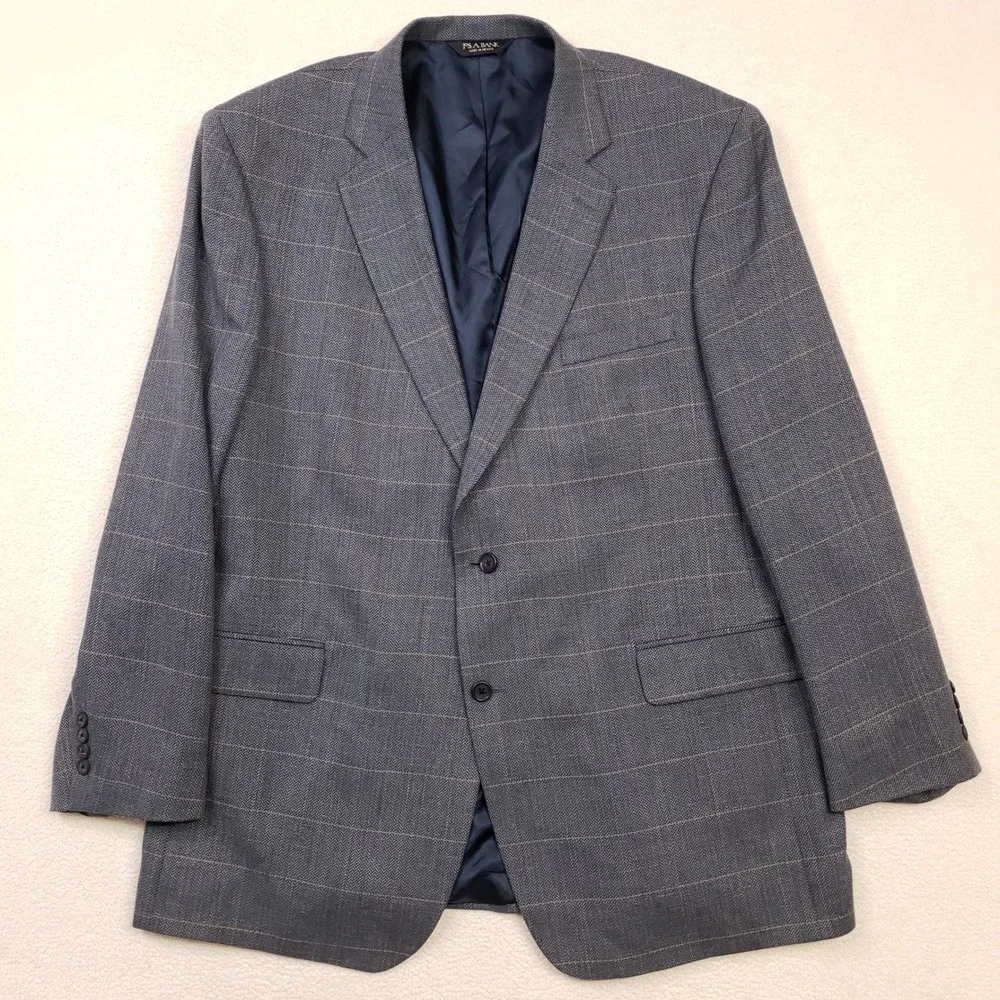Jos. A. Bank Sport Coat Mens 48L Blue Gray Silk Wool Linen Windowpane Blazer